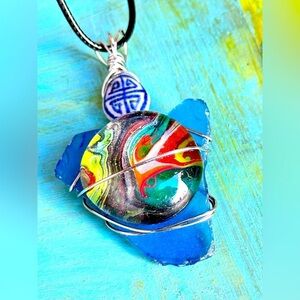 Boho OOAK Necklace, Pendant,
Hand Painted Wire Wrapped Handmade 4250